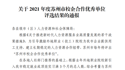 欧亿体育·(中国)官方网站获评2021年度苏州校企合作优秀单位